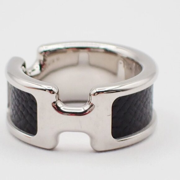 HERMES Olympe Ring XS Palladium Plated Calf Skin Leather Black Silver - Picture 3 of 10
